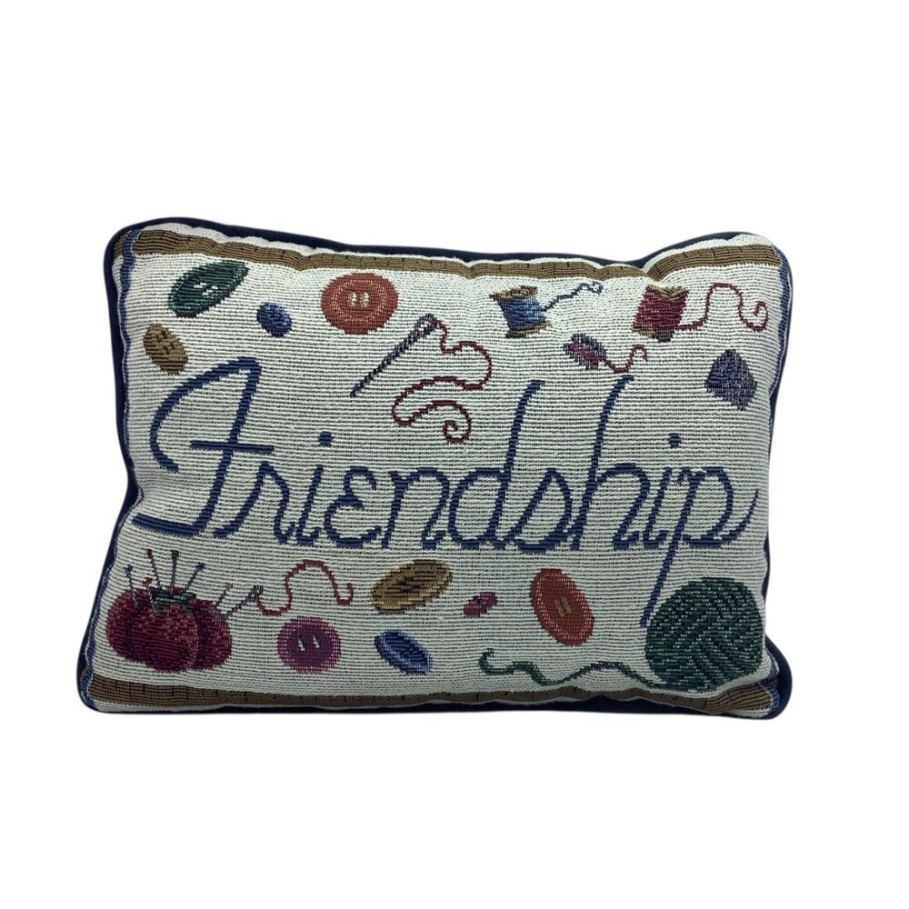 Vtg Friendship Sewing Notions 8x12 Decorative Lumbar Tapestry‎ Pillow Seamstress